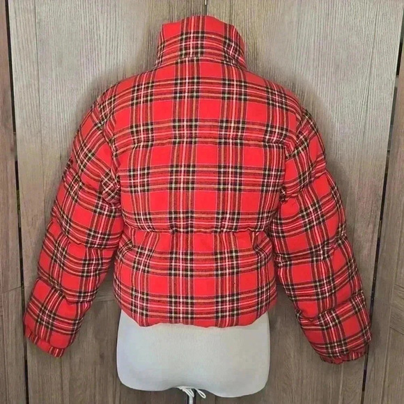 Red Plaid Puffer Women Jacket - Picture 5 of 14